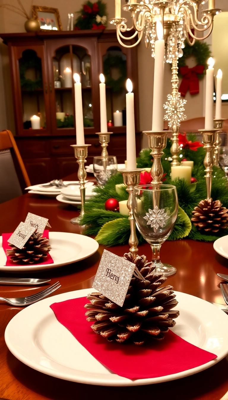 18 DIY Holiday Decorations That Will Wow Your Guests (You Won't Believe #12!) - 13. Glittered Pinecone Place Cards